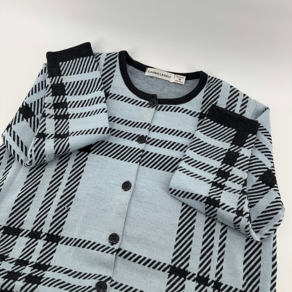 Karen Lessly Womens Cardigan Sweater Light Blue Black Plaid Knit Button Front M